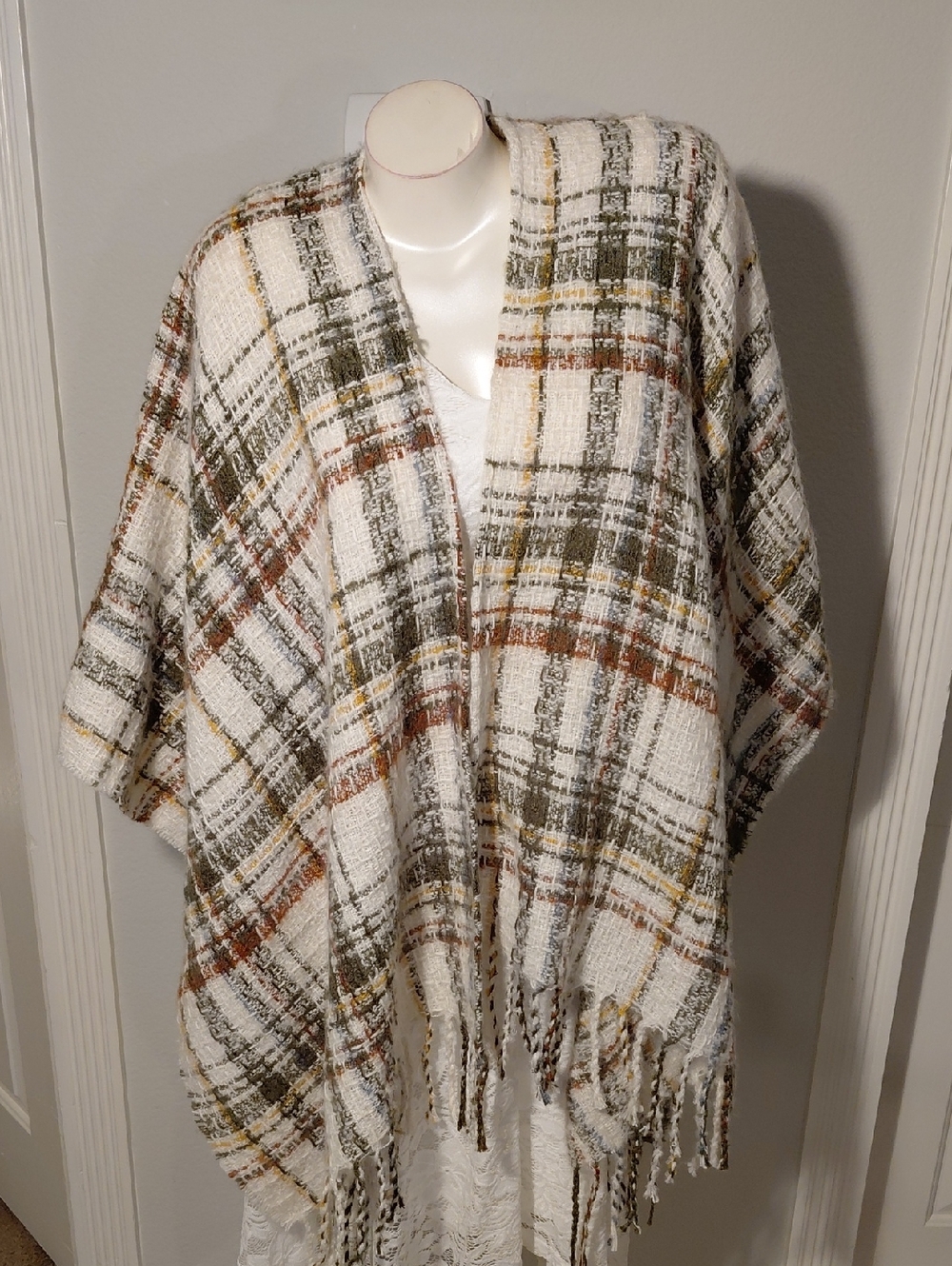 Cozy Plaid Fringe Shawl in Cream, Olive & Rust